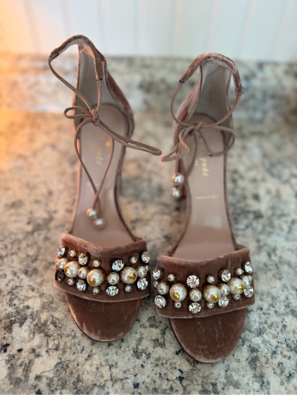 kate spade Brown Velvet Pearl & Crystal Ankle-Tie Block Sandals Sparkle Read